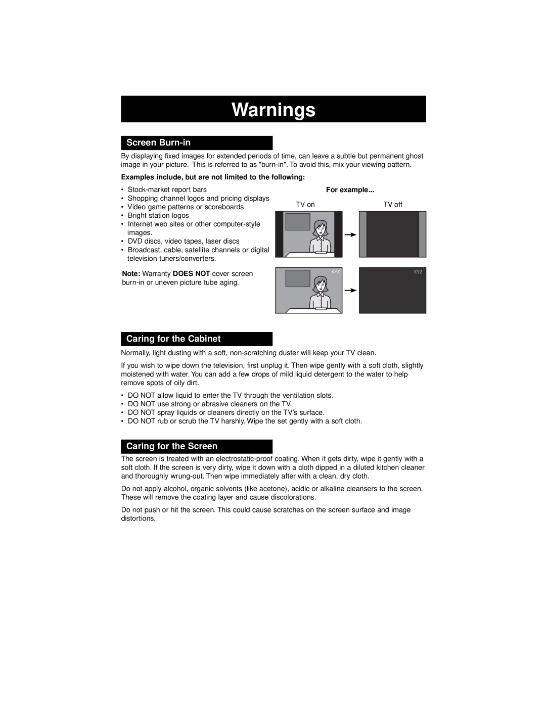 JVC AV-65WP94, AV 56WP94 manual Screen Burn-in, Caring for the Cabinet, Caring for the Screen, For example 