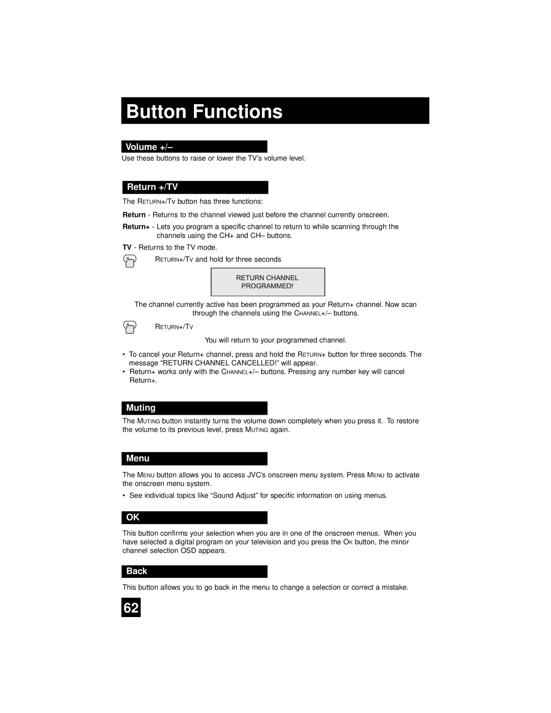 JVC AV-65WP94, AV 56WP94 manual Volume +, Return +/TV, Muting, Menu, Back 