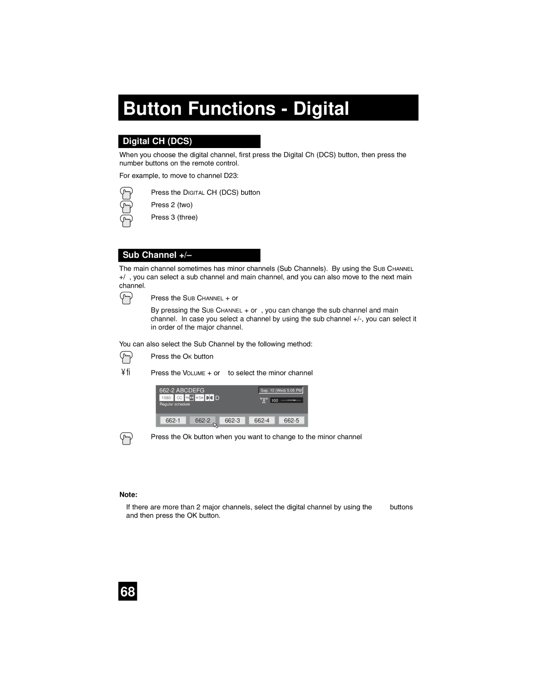 JVC AV-65WP94, AV 56WP94 manual Button Functions Digital, Digital CH DCS, Sub Channel + 