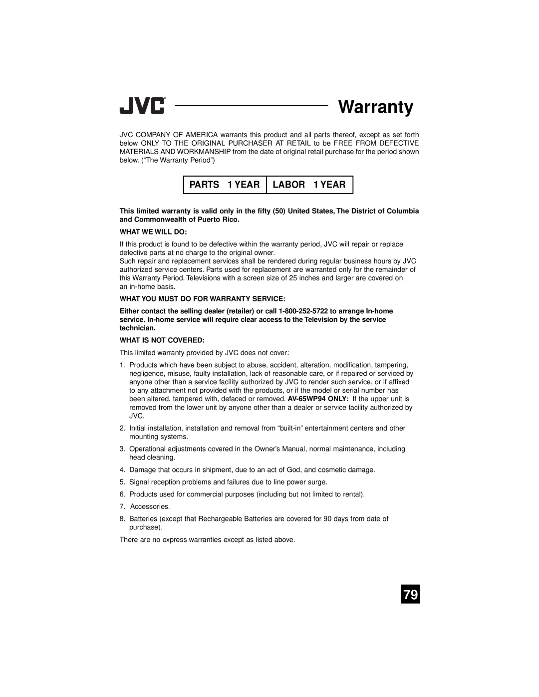 JVC AV 56WP94, AV-65WP94 manual Warranty 