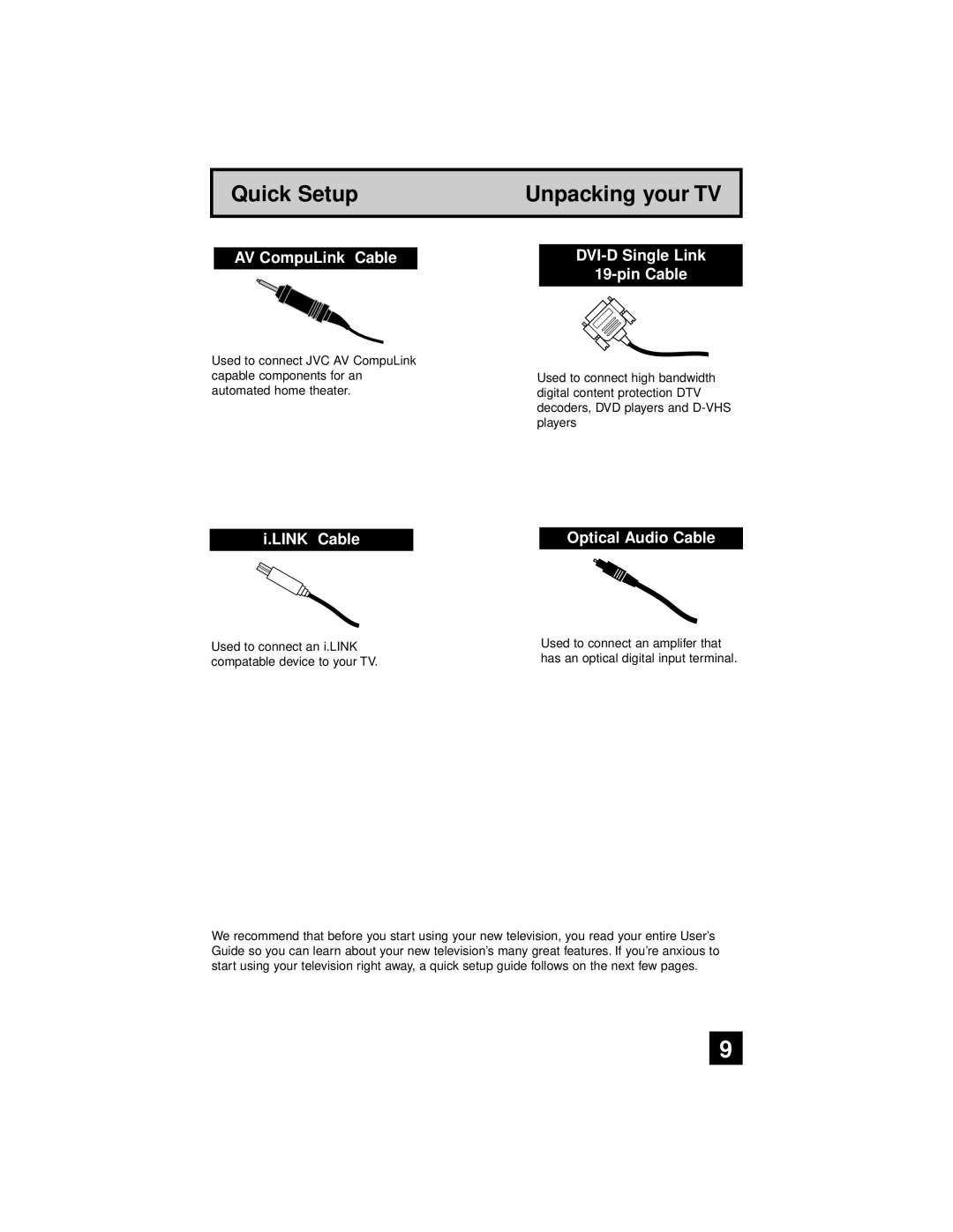 JVC AV 56WP94, AV-65WP94 manual AV CompuLink Cable, DVI-D Single Link Pin Cable, Optical Audio Cable 