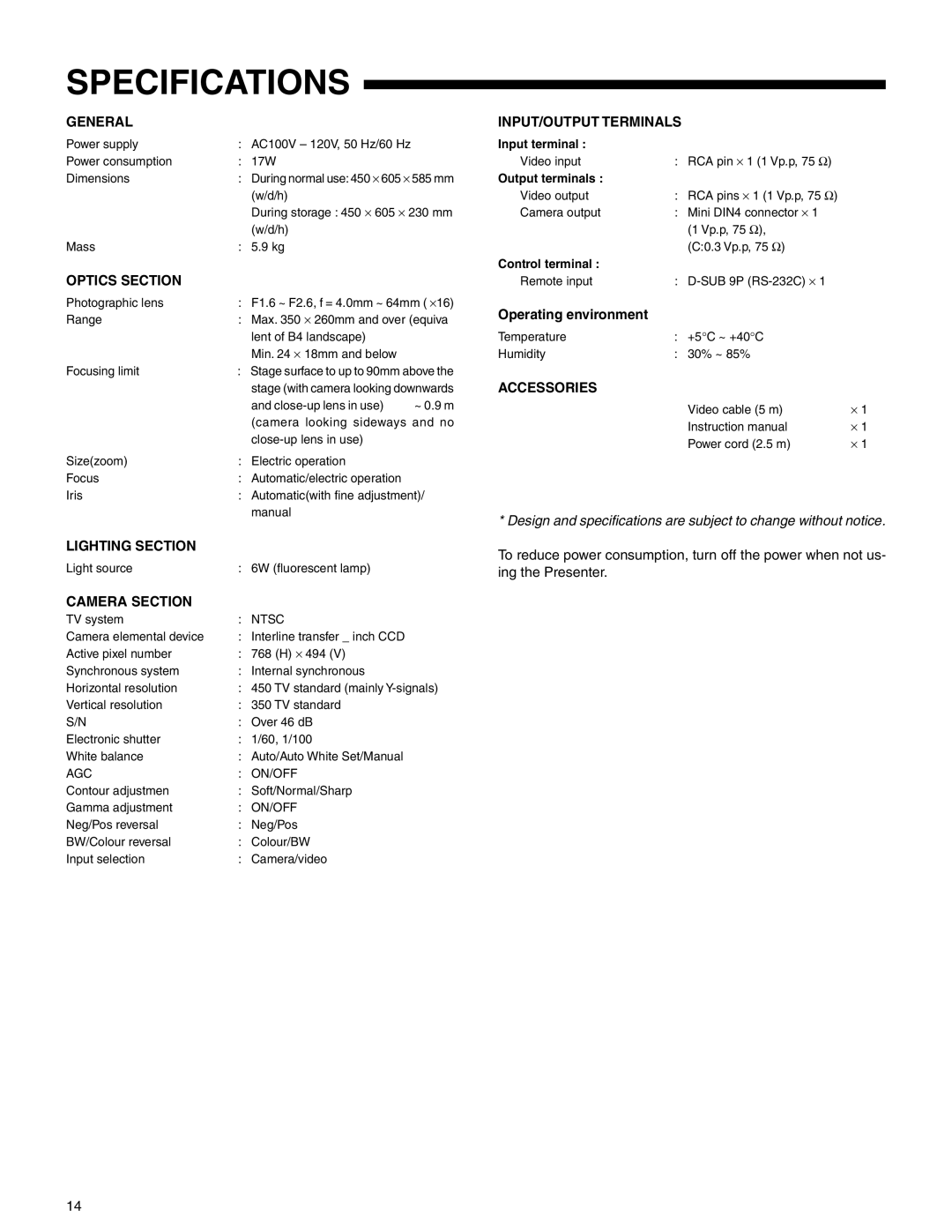 JVC AV-P720U manual Specifications, General 