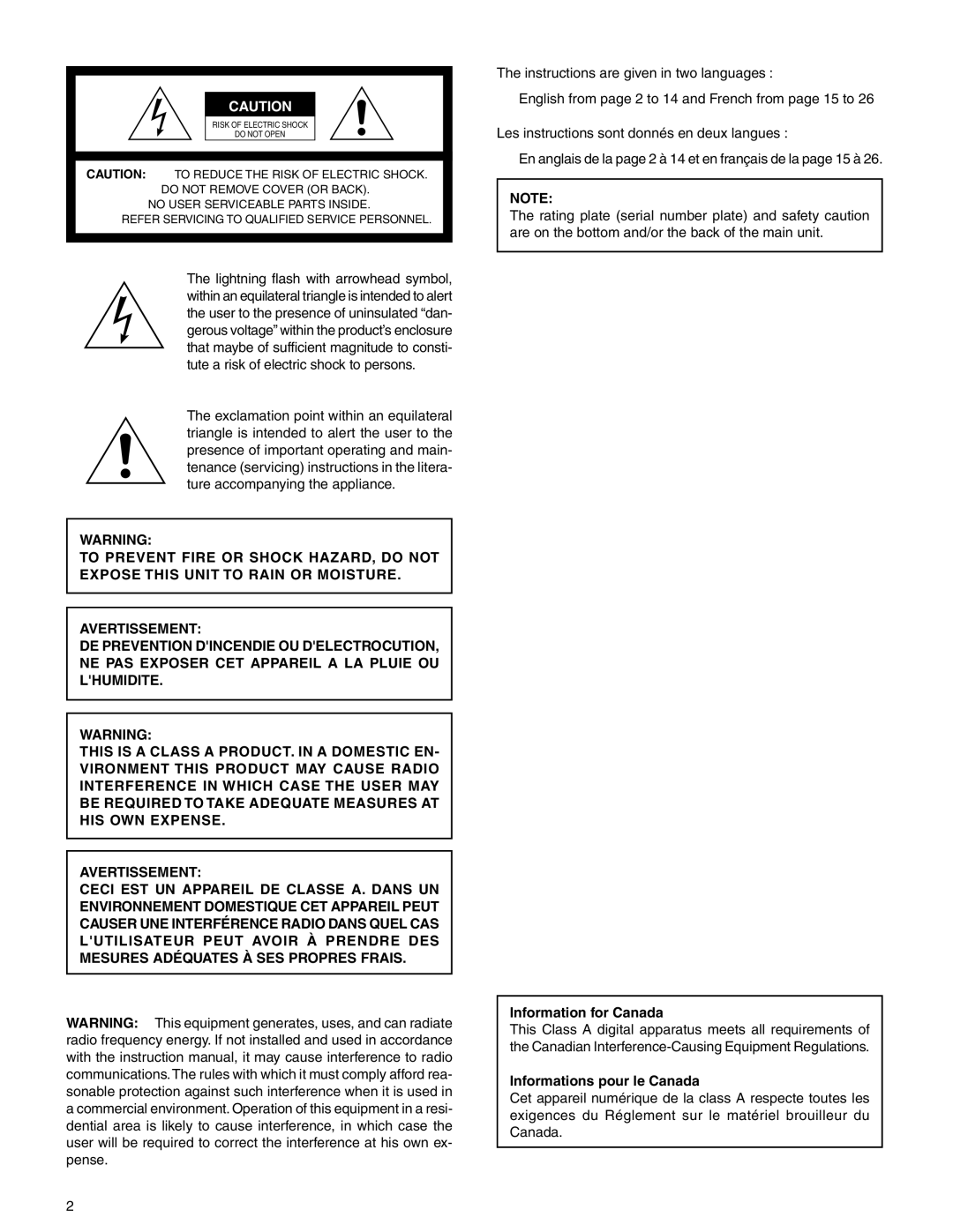 JVC AV-P720U manual Information for Canada 