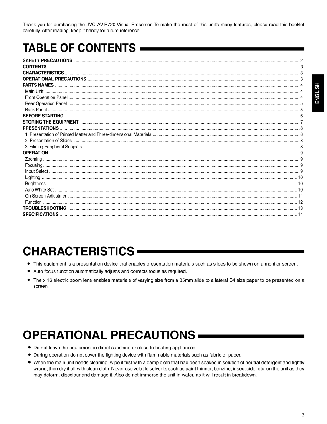 JVC AV-P720U manual Table of Contents, Characteristics, Operational Precautions 