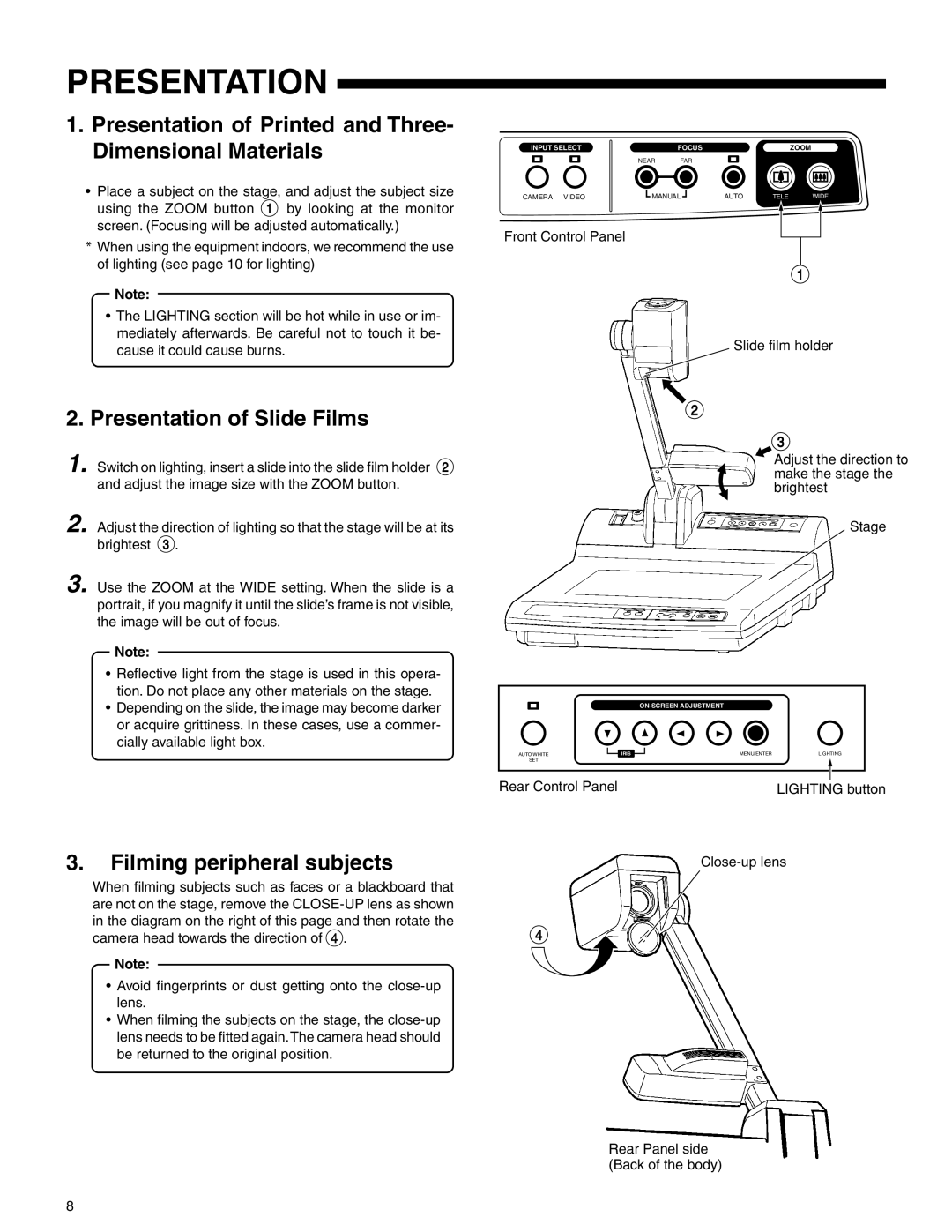 JVC AV-P720U manual Presentation of Printed and Three- Dimensional Materials, Presentation of Slide Films 