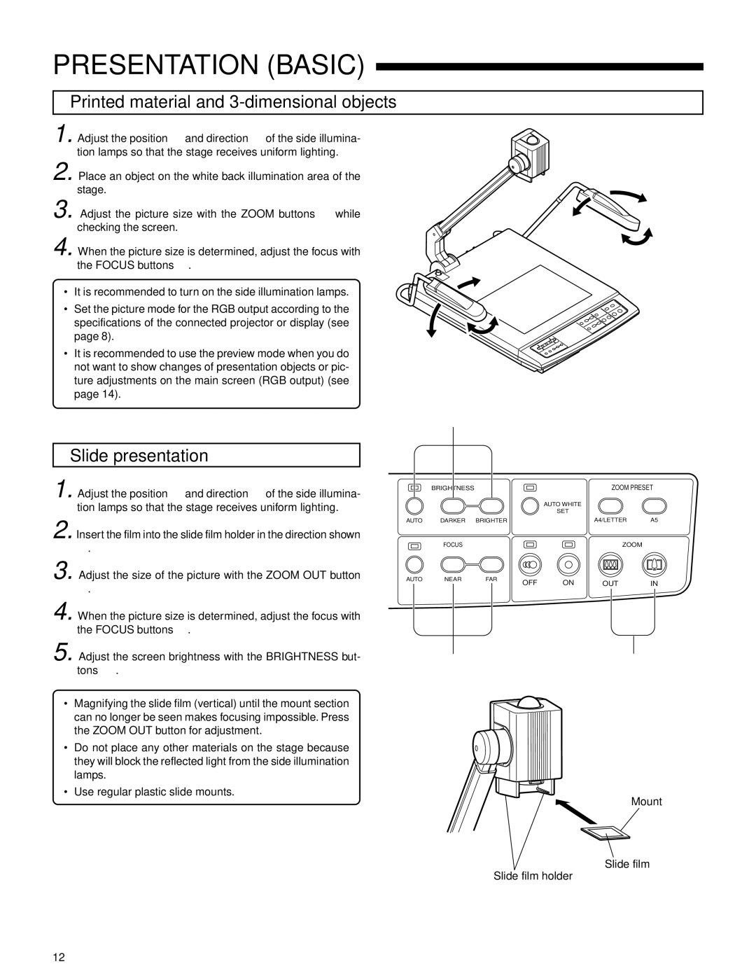 JVC AV-P950E manual Presentation Basic, Printed material and 3-dimensional objects, Slide presentation 