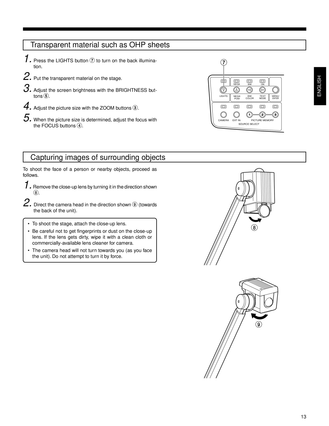 JVC AV-P950E manual Transparent material such as OHP sheets, Capturing images of surrounding objects 