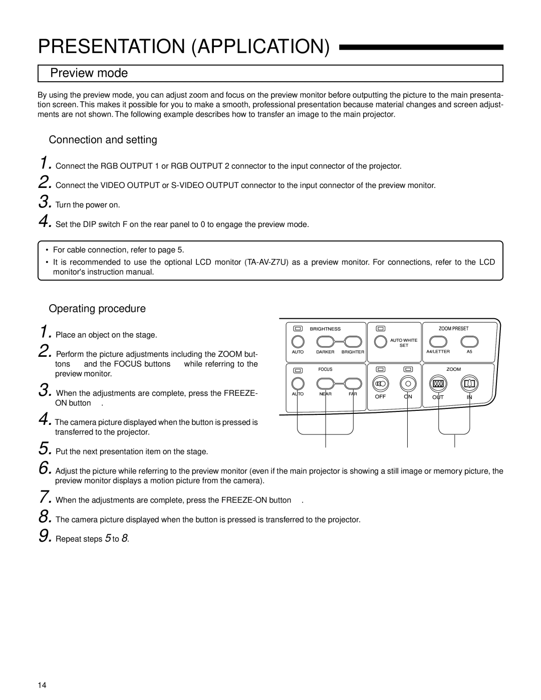 JVC AV-P950E manual Presentation Application, Preview mode,  Connection and setting,  Operating procedure 