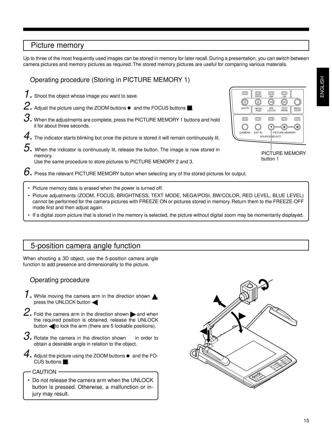 JVC AV-P950E manual Picture memory, Position camera angle function,  Operating procedure Storing in Picture Memory 