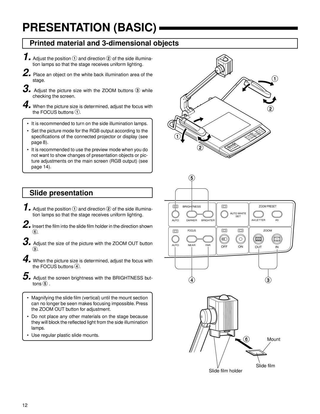 JVC AV-P950U manual Presentation Basic, Printed material and 3-dimensional objects, Slide presentation 