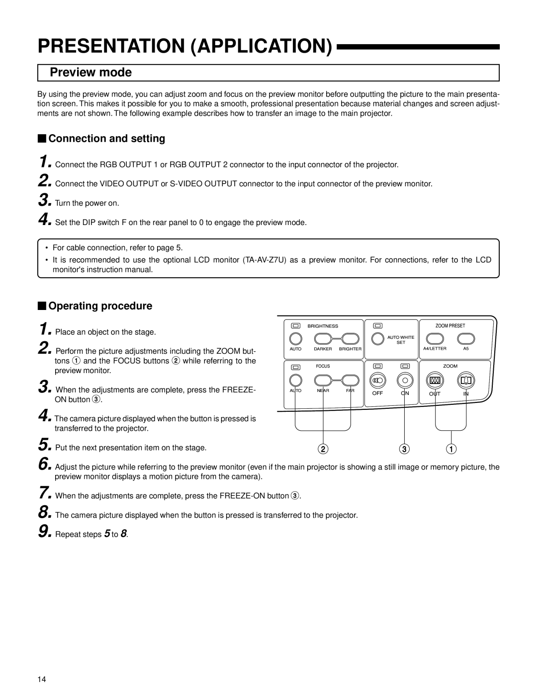 JVC AV-P950U manual Presentation Application, Preview mode,  Connection and setting,  Operating procedure 