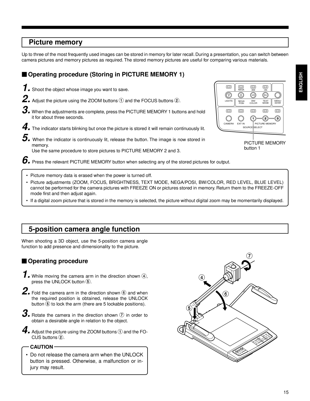 JVC AV-P950U manual Picture memory, Position camera angle function,  Operating procedure Storing in Picture Memory 