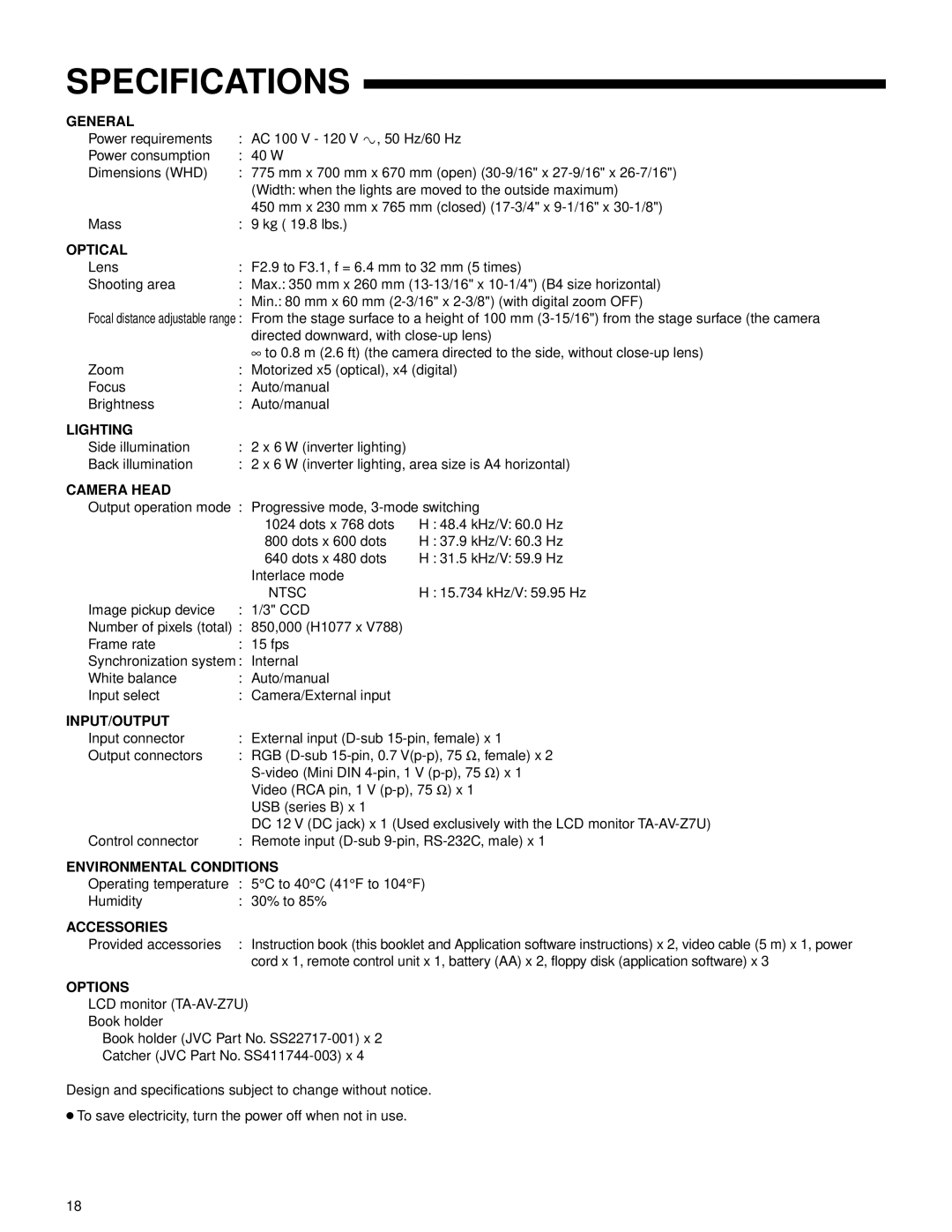 JVC AV-P950U manual Specifications, Ntsc 