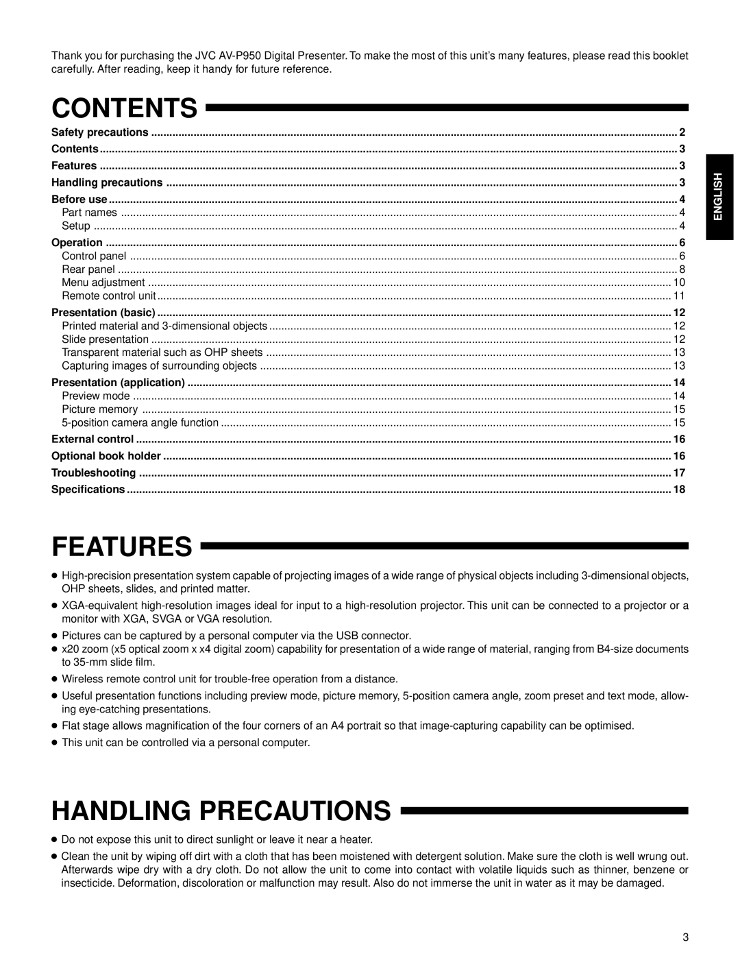 JVC AV-P950U manual Contents, Features, Handling Precautions 