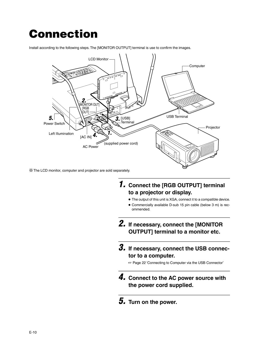 JVC AV-P960E manual Connection, Connect the RGB Output terminal to a projector or display 