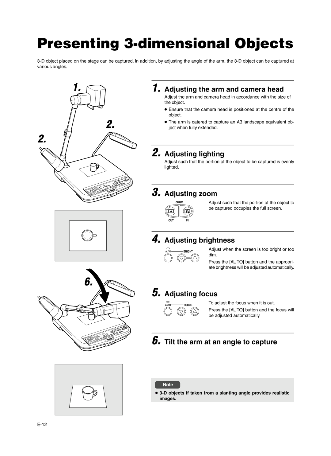 JVC AV-P960E manual Presenting 3-dimensional Objects, Adjusting lighting, Tilt the arm at an angle to capture 