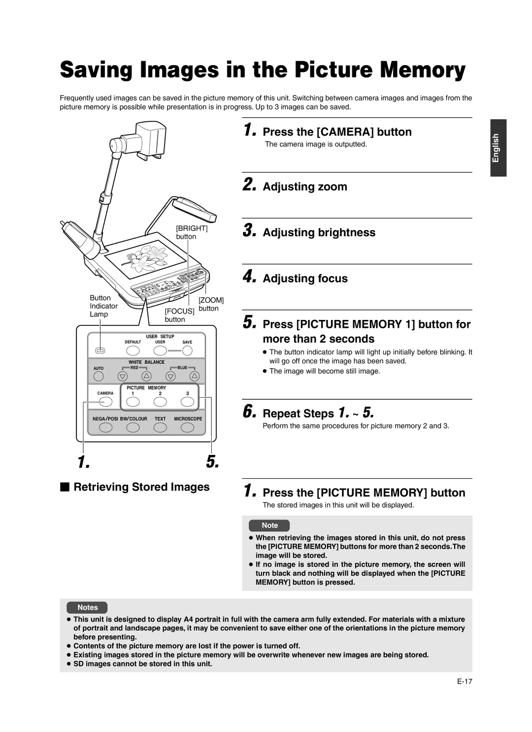 JVC AV-P960E Saving Images in the Picture Memory, Press the Camera button,  Retrieving Stored Images Repeat Steps 1. ~ 