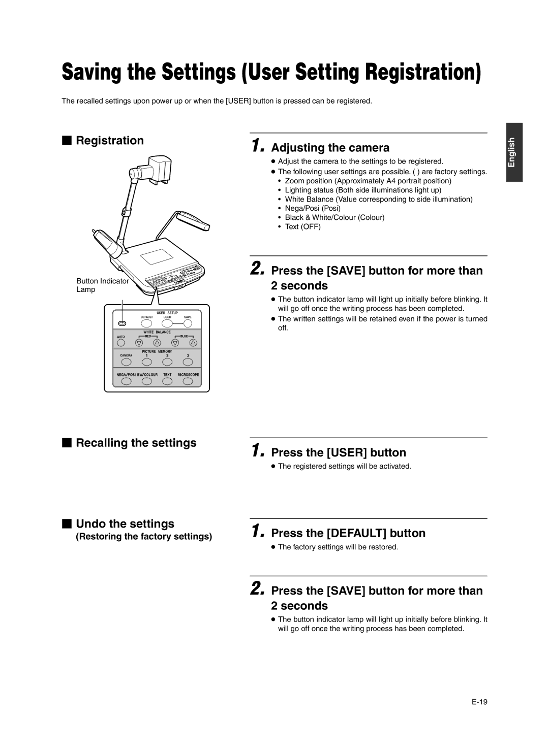 JVC AV-P960E manual  Registration Adjusting the camera, Press the Save button for more than Seconds, Press the User button 