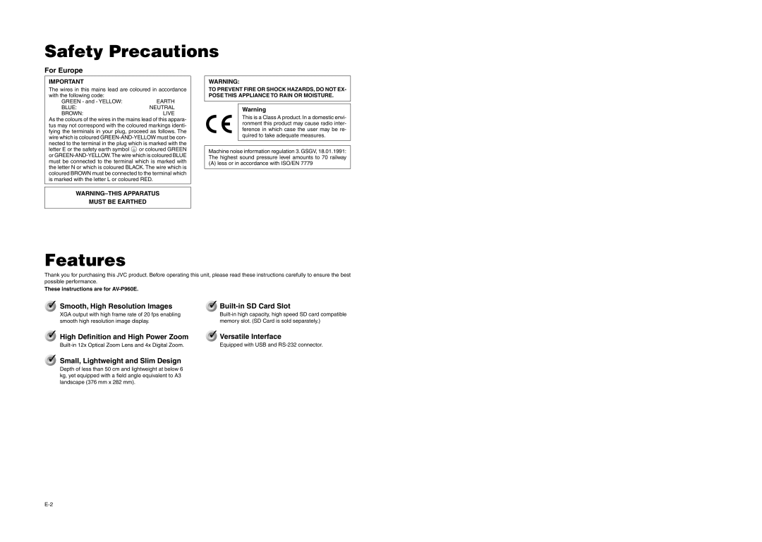 JVC AV-P960E manual Safety Precautions, Features 