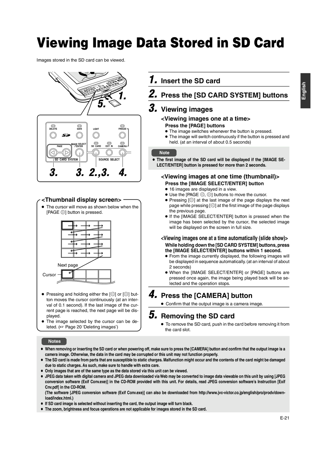 JVC AV-P960E manual Viewing Image Data Stored in SD Card, Viewing images, Removing the SD card 