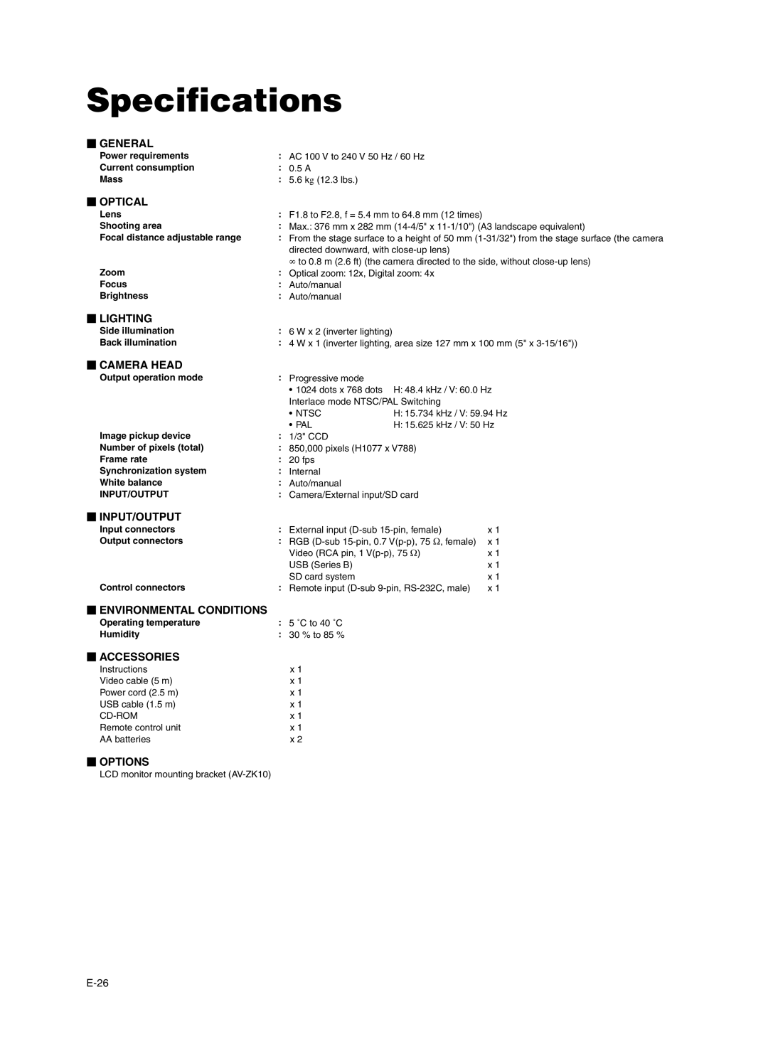 JVC AV-P960E manual Specifications, Camera Head 