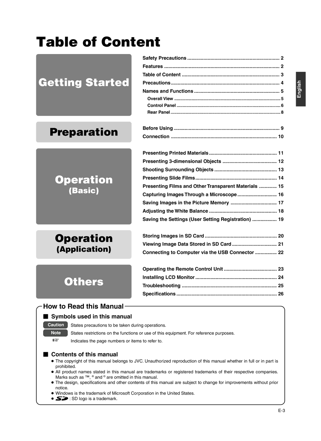 JVC AV-P960E Table of Content, How to Read this Manual,  Symbols used in this manual,  Contents of this manual 