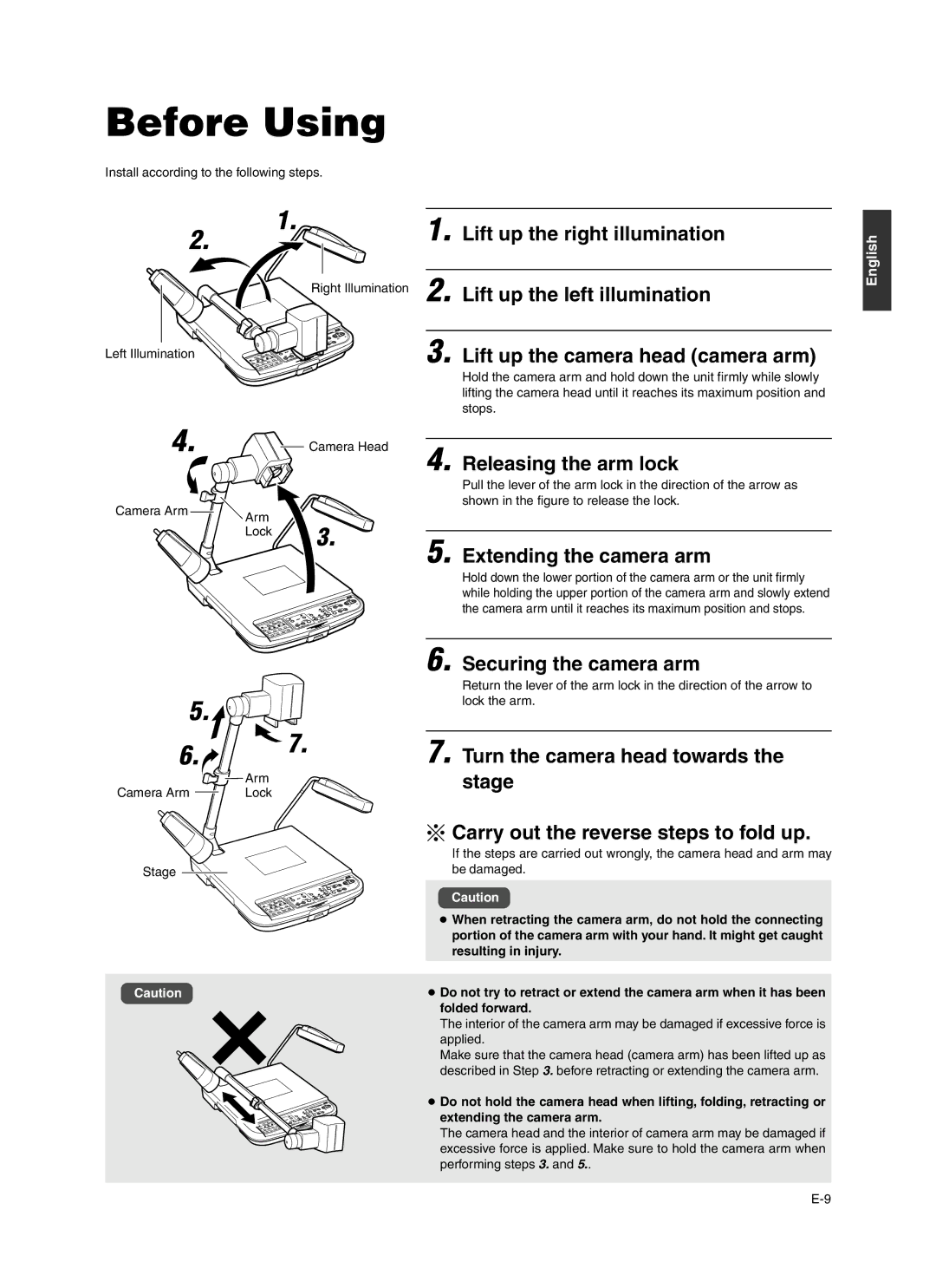 JVC AV-P960E manual Before Using, Lift up the camera head camera arm, Releasing the arm lock, Extending the camera arm 