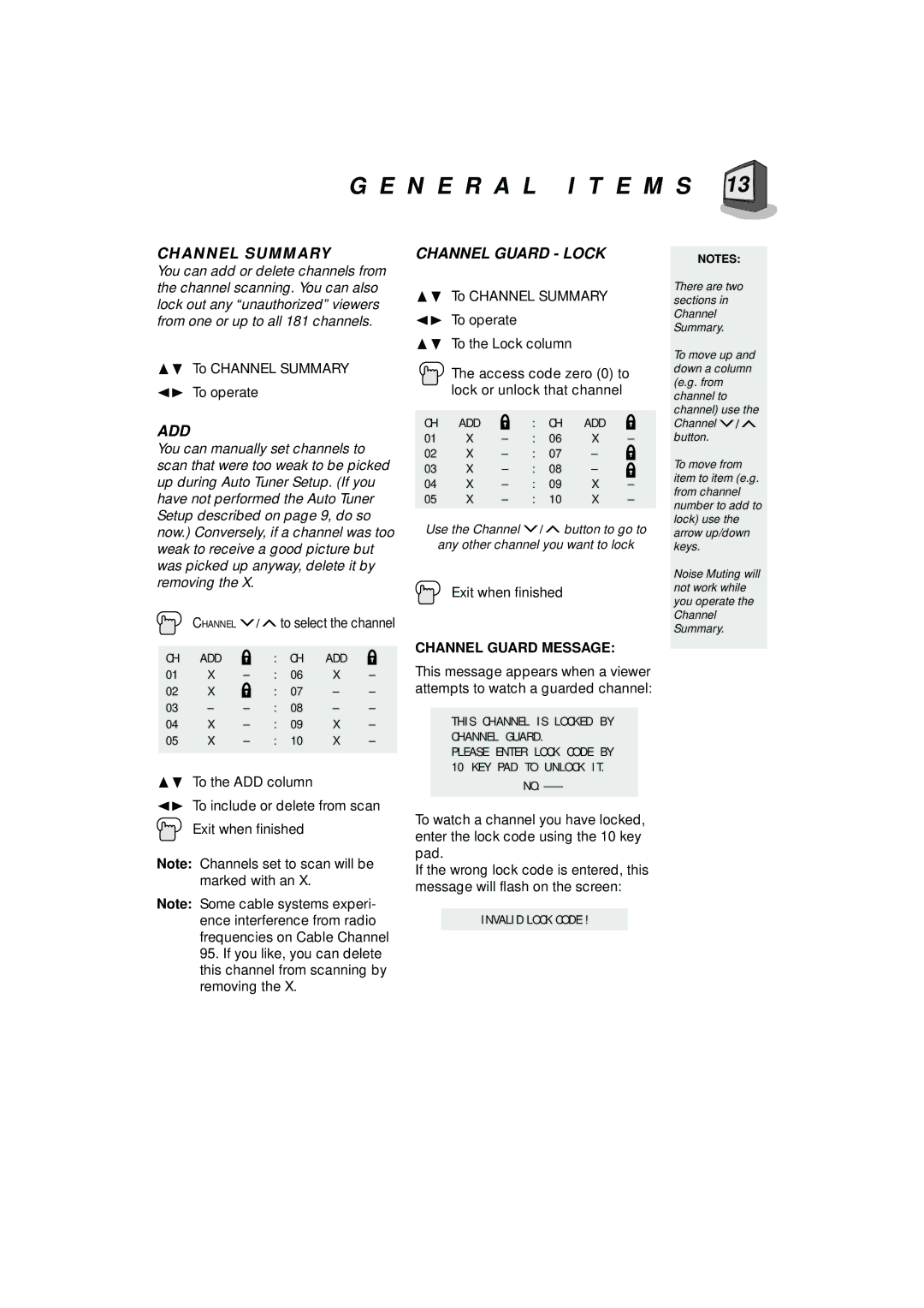 JVC AV-T2122 manual N E R a L I T E M S, Channel Summary, Channel Guard Lock, Add, Channel Guard Message 