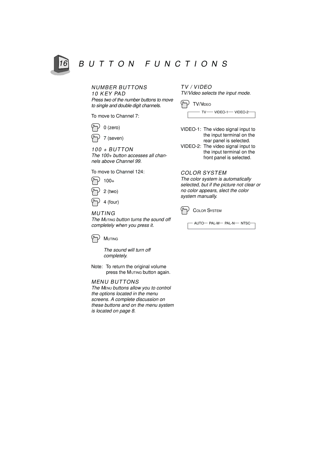 JVC AV-T2122 manual U T T O N F U N C T I O N S 