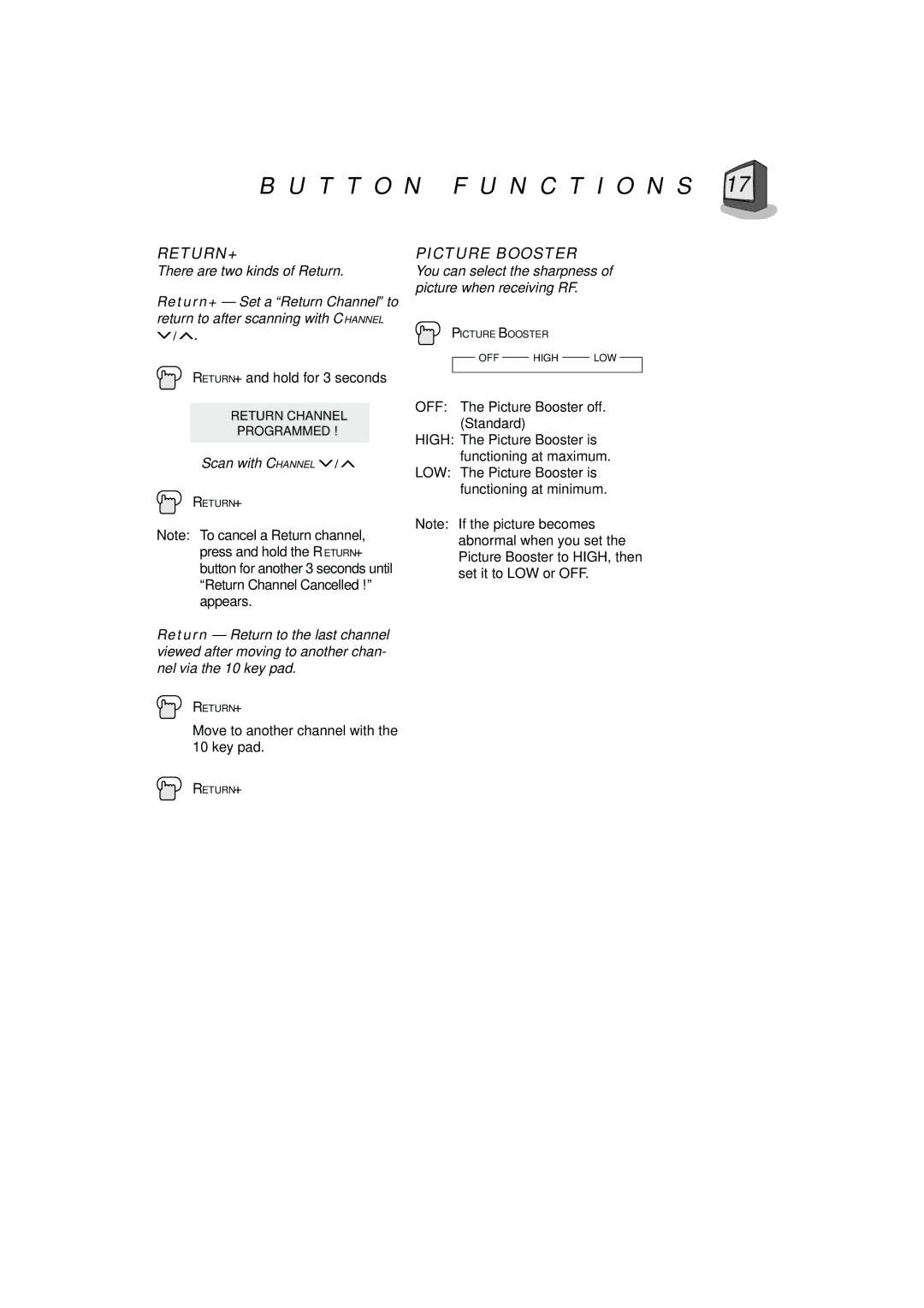 JVC AV-T2122 manual Return+, Picture Booster, Scan with Channel, You can select the sharpness of picture when receiving RF 