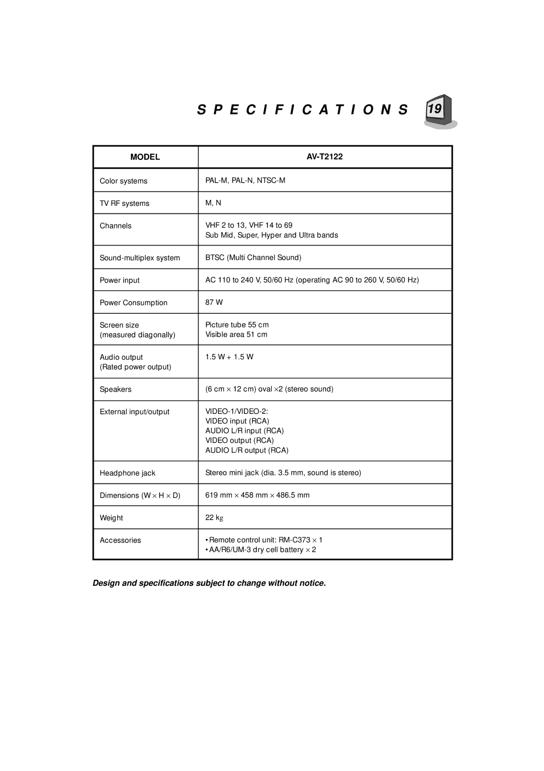 JVC AV-T2122 manual Specification S, Model 