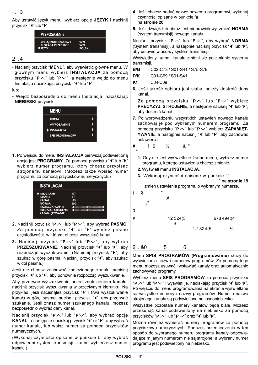 JVC AV14BJ8EES, AV14BM8EES manual Menu Instalacja, Menu Spis Programów Programowanie, Jêzyk 