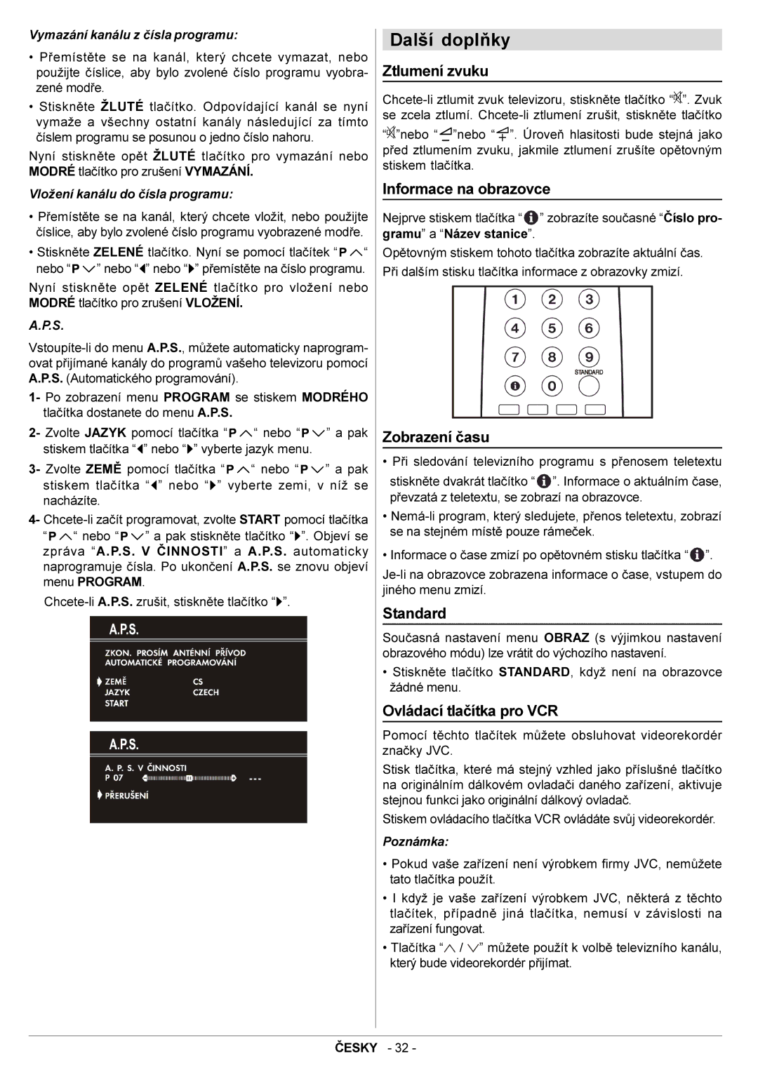 JVC AV14BM8EES manual Další doplòky, Ztlumení zvuku, Informace na obrazovce, Zobrazení èasu, Ovládací tlaèítka pro VCR 