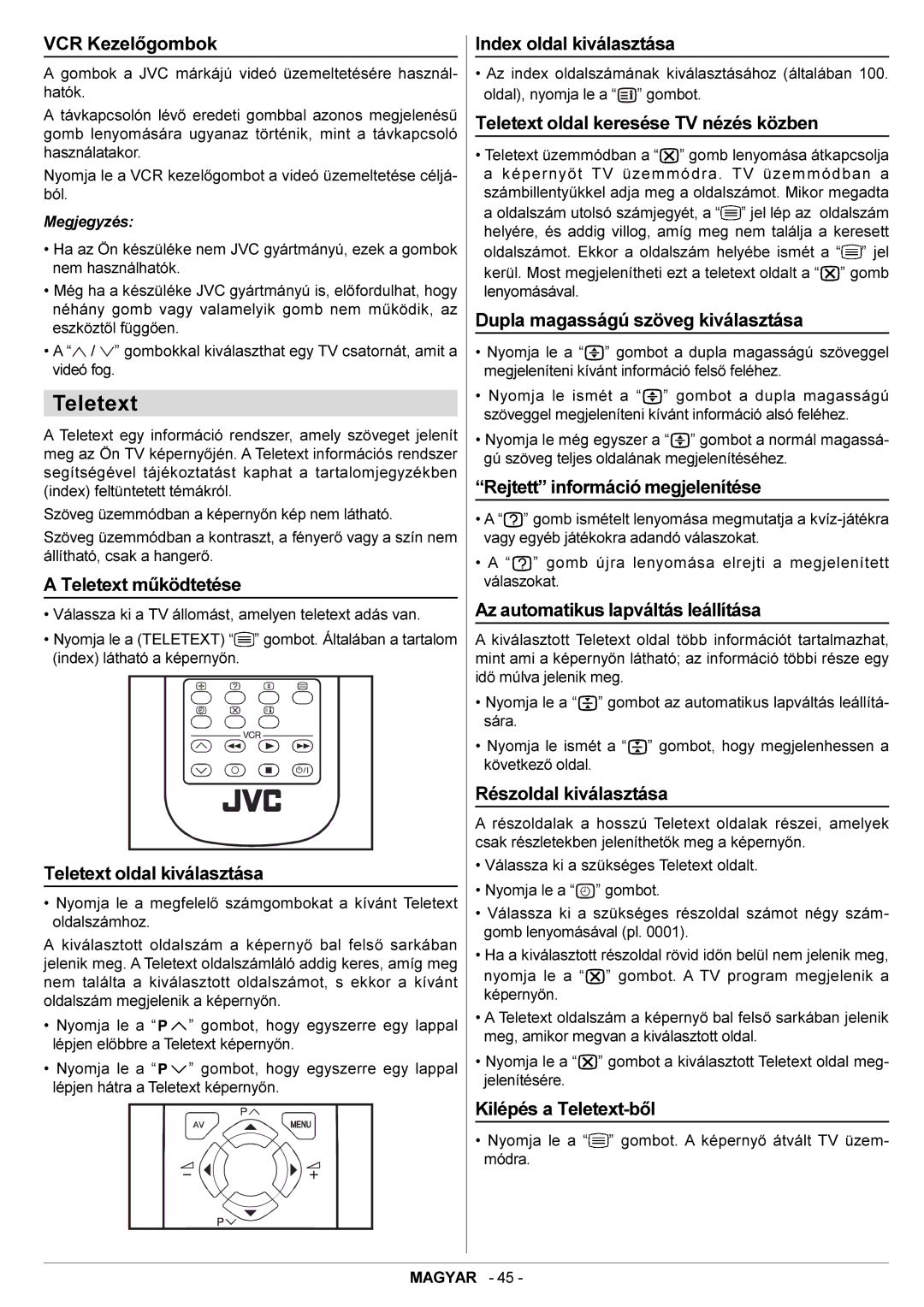 JVC AV14BJ8EES, AV14BM8EES VCR Kezelõgombok, Teletext mûködtetése, Teletext oldal kiválasztása, Index oldal kiválasztása 