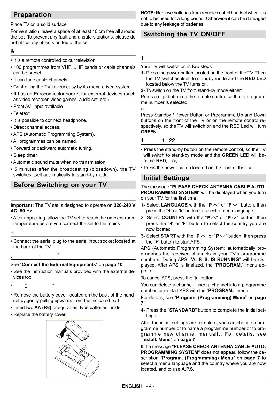 JVC AV14BM8EES, AV14BJ8EES manual Preparation, Before Switching on your TV, Switching the TV ON/OFF, Initial Settings 