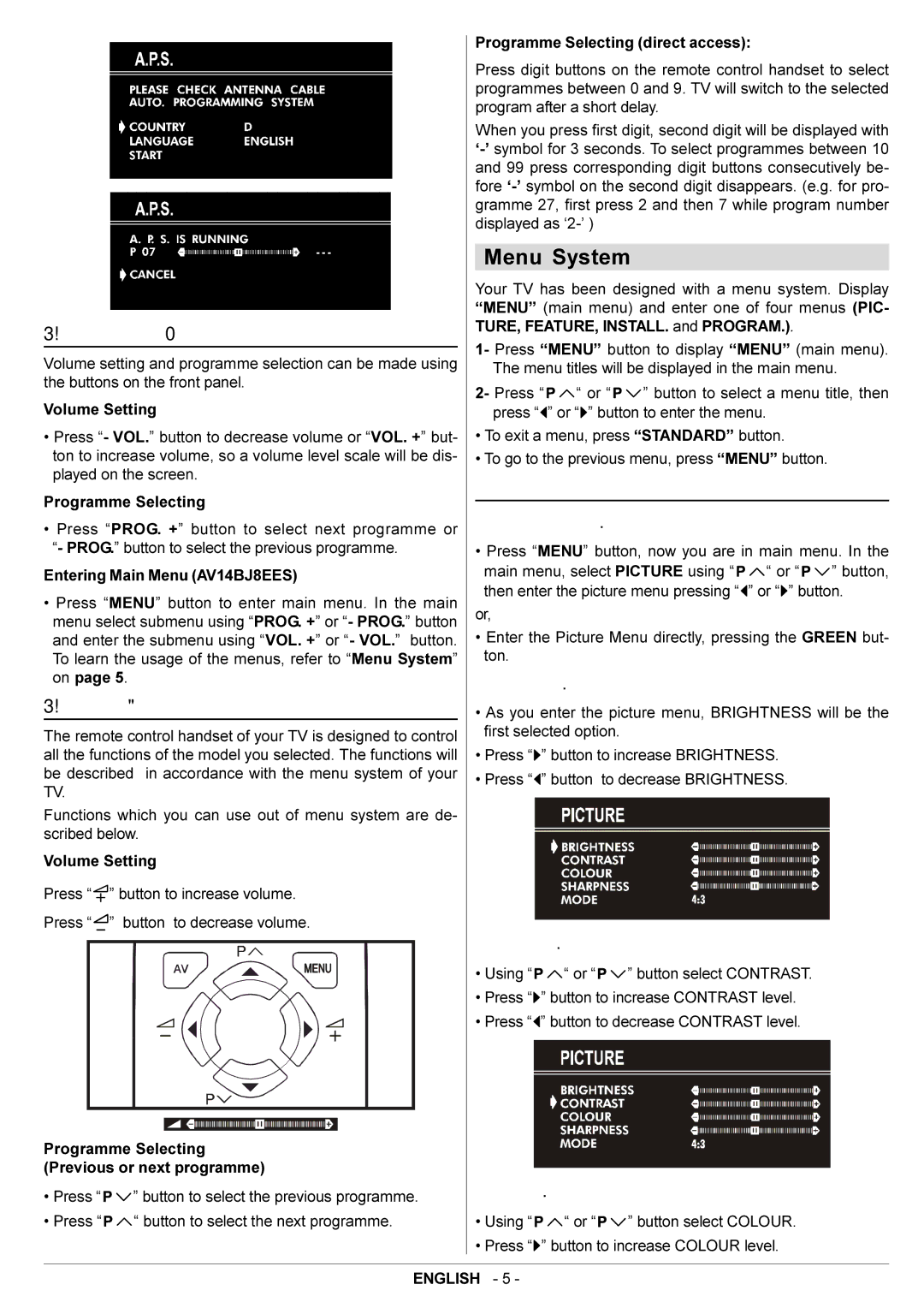 JVC AV14BJ8EES Menu System, Operating with the onset buttons, Picture Menu, Operating with Remote Control, Setting Colour 