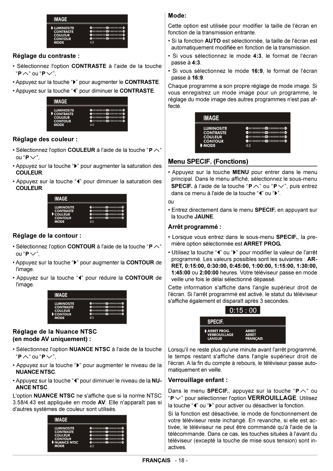 JVC AV14BJ8EPS manual Menu SPECIF. Fonctions 