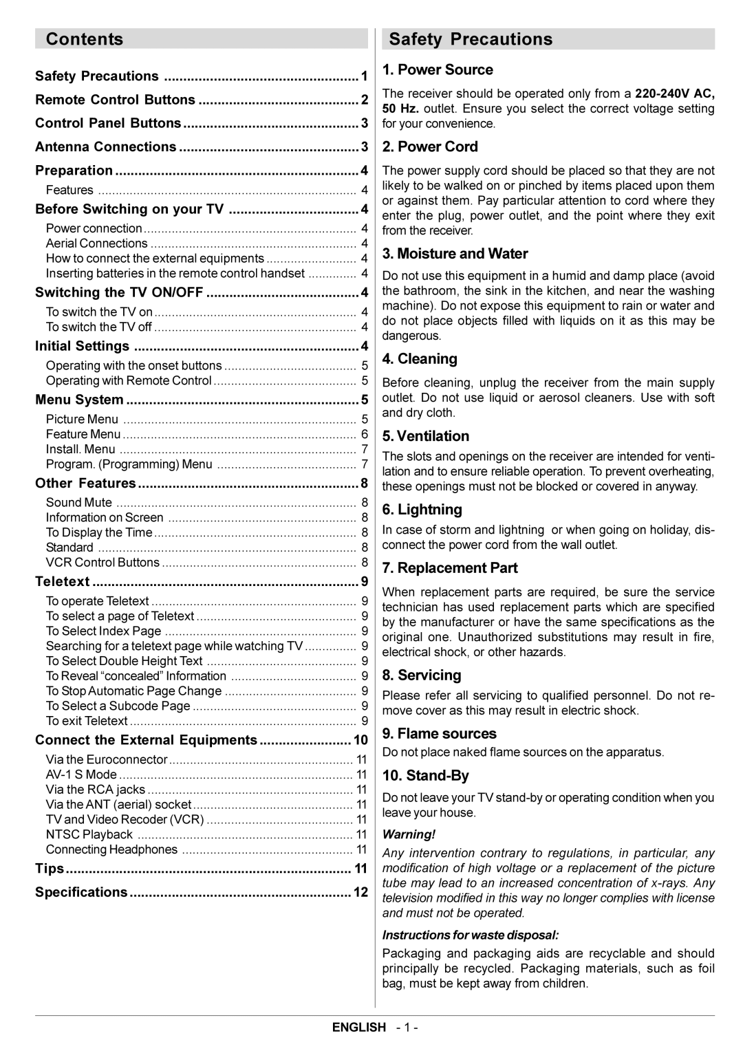 JVC AV14BJ8EPS manual Contents, Safety Precautions 