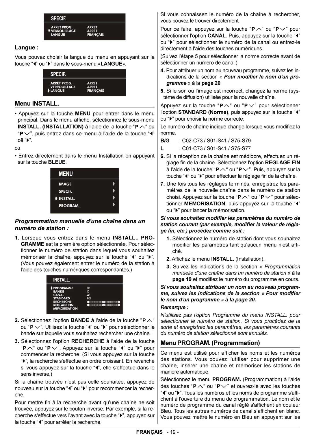 JVC AV14BJ8EPS manual Menu Install, Menu PROGRAM. Programmation, Langue 