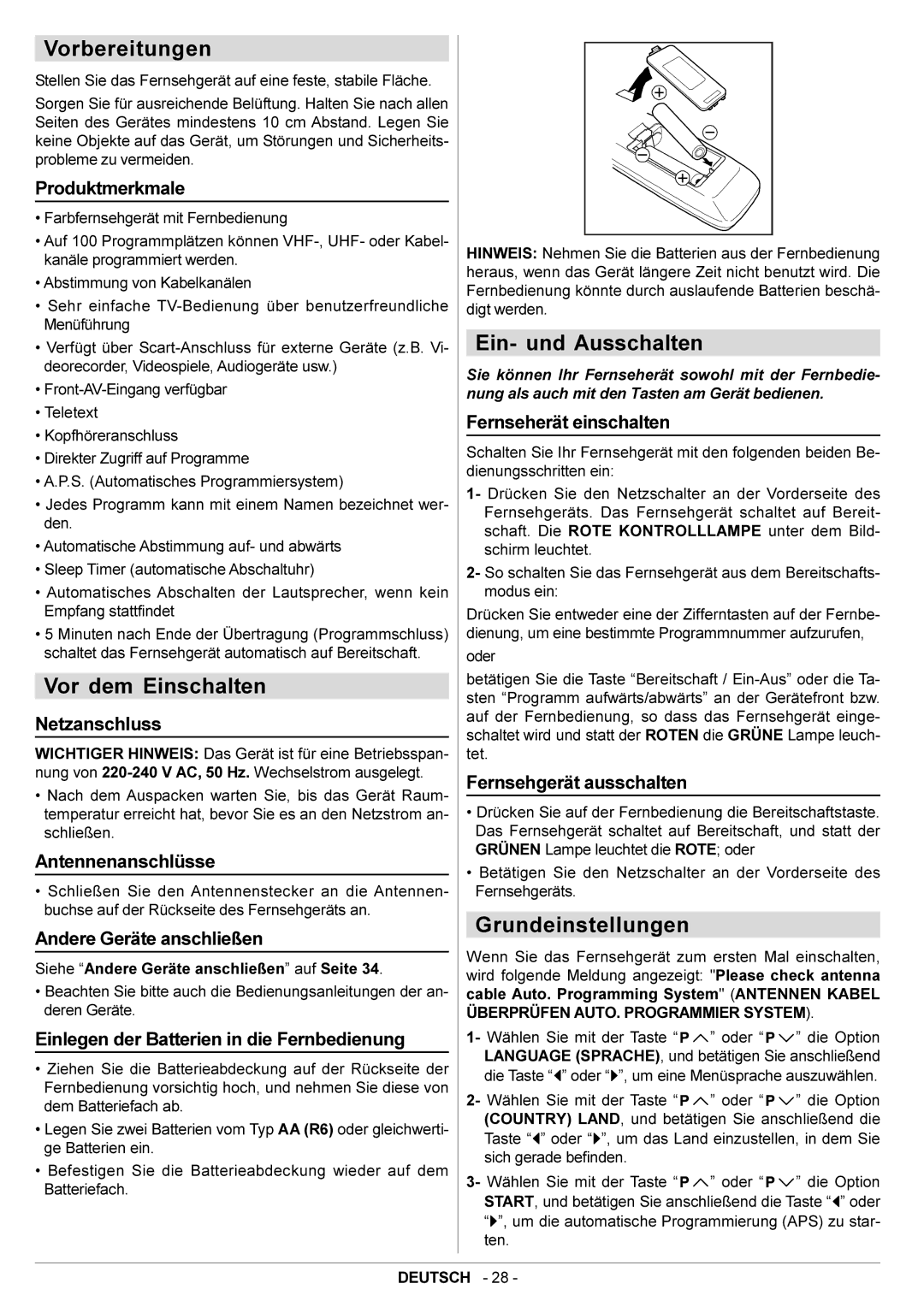 JVC AV14BJ8EPS manual Vorbereitungen, Vor dem Einschalten, Ein- und Ausschalten, Grundeinstellungen 