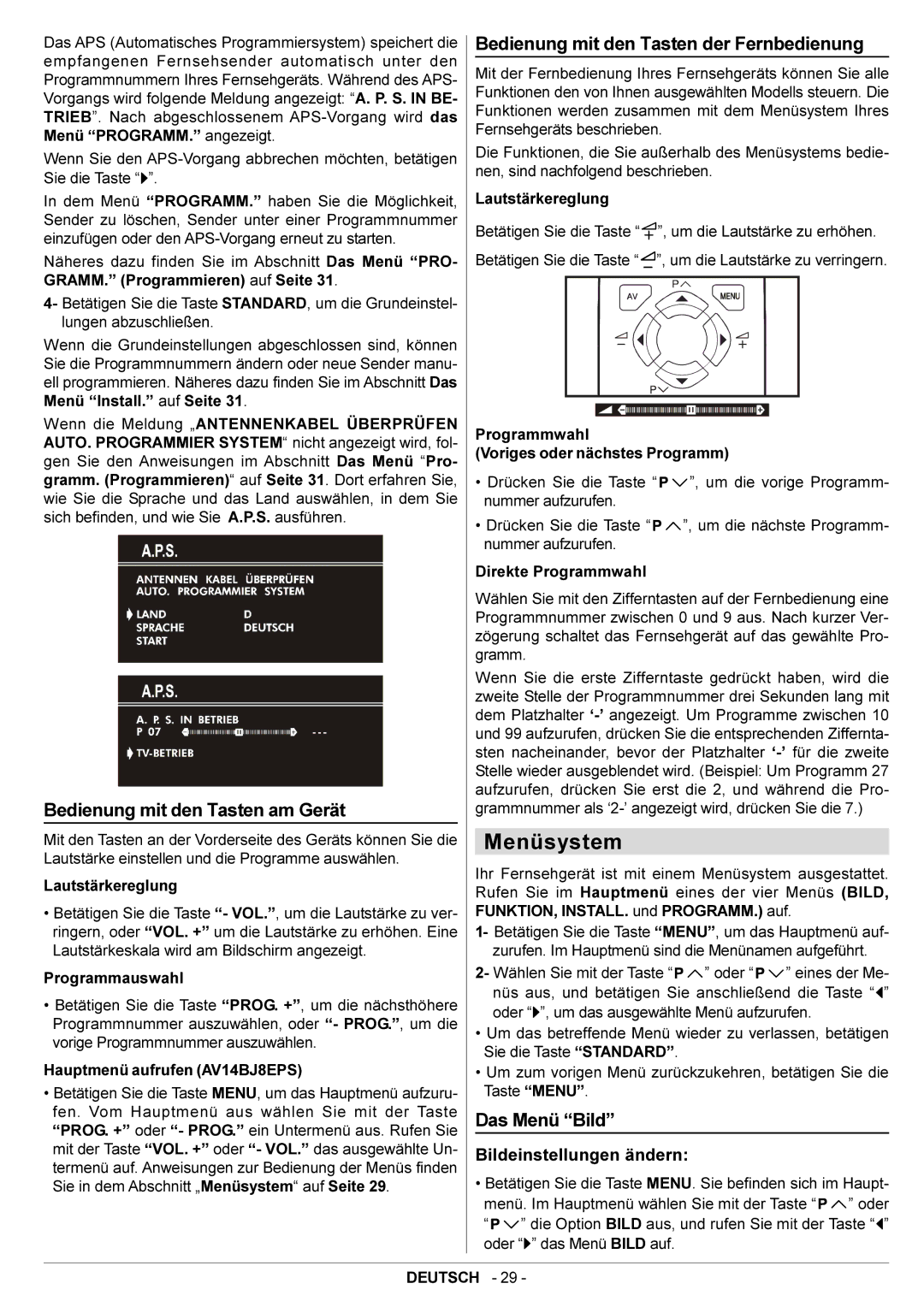 JVC AV14BJ8EPS Menüsystem, Bedienung mit den Tasten am Gerät, Bedienung mit den Tasten der Fernbedienung, Das Menü Bild 