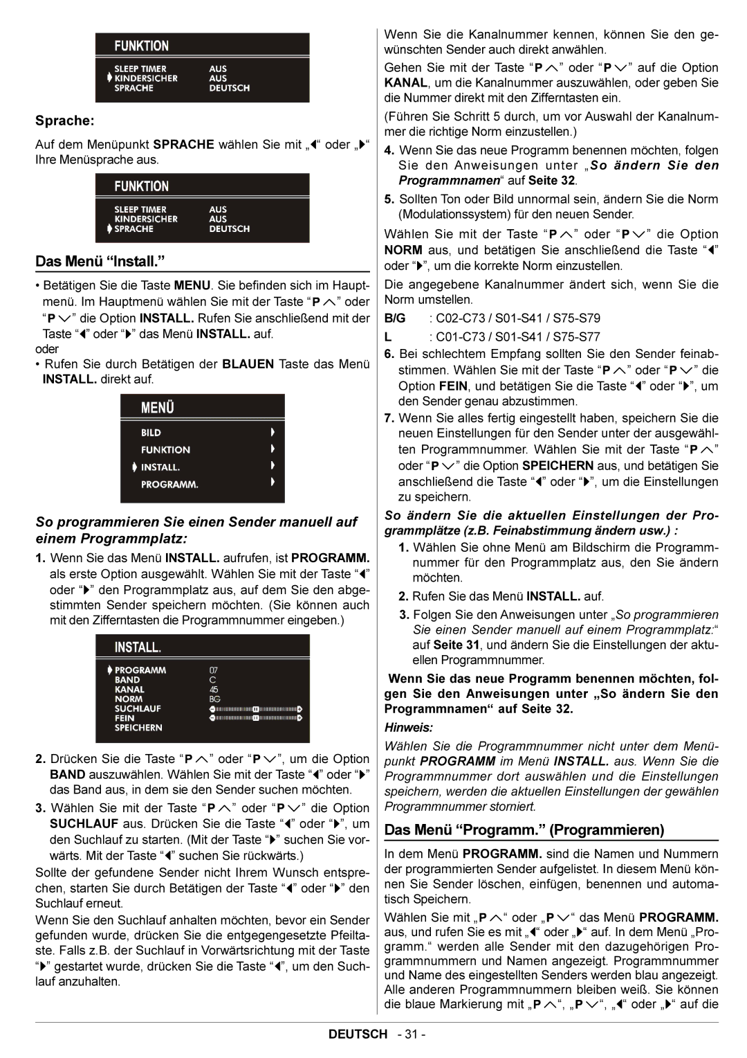 JVC AV14BJ8EPS manual Das Menü Install, Das Menü Programm. Programmieren, Sprache 