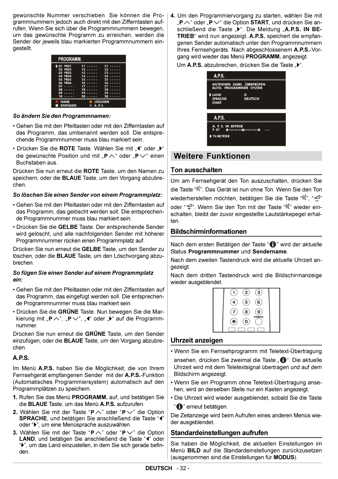 JVC AV14BJ8EPS manual Uhrzeit anzeigen, Standardeinstellungen aufrufen, Buchstaben aus 