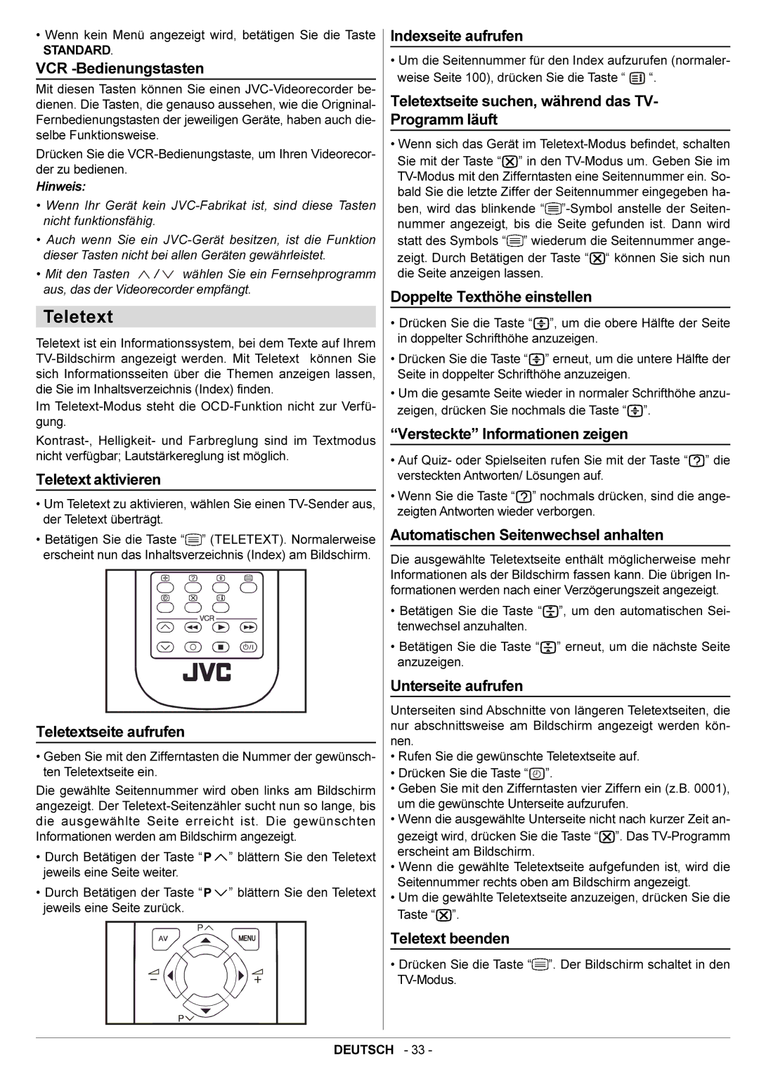 JVC AV14BJ8EPS VCR -Bedienungstasten, Teletext aktivieren, Teletextseite aufrufen, Indexseite aufrufen, Teletext beenden 