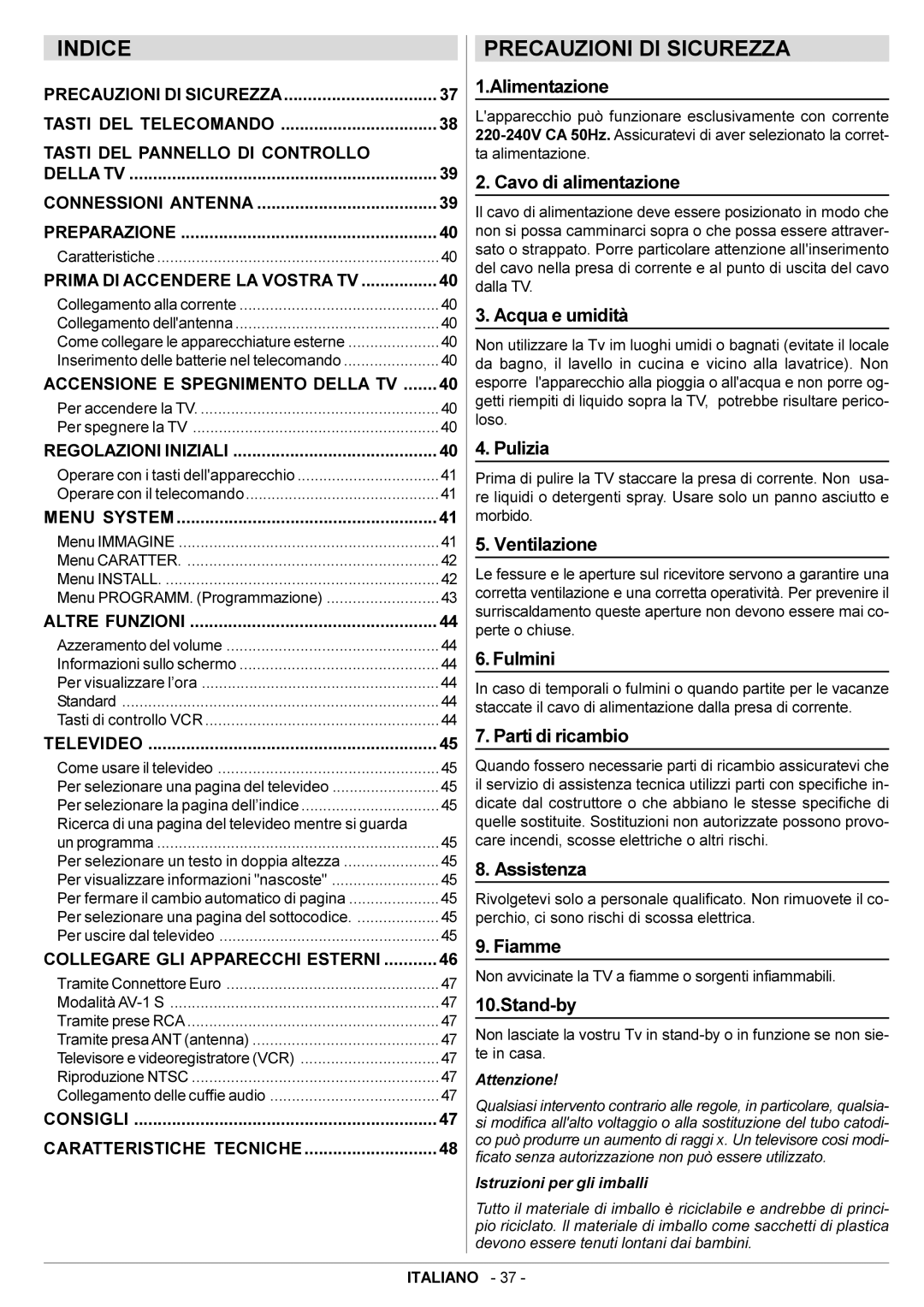 JVC AV14BJ8EPS manual Indice, Precauzioni DI Sicurezza 