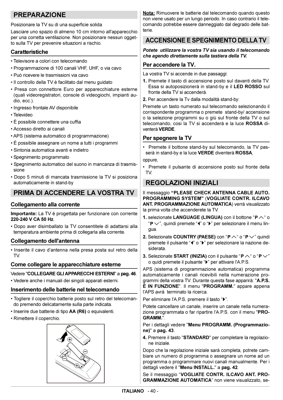 JVC AV14BJ8EPS manual Preparazione, Prima DI Accendere LA Vostra TV, Regolazioni Iniziali 