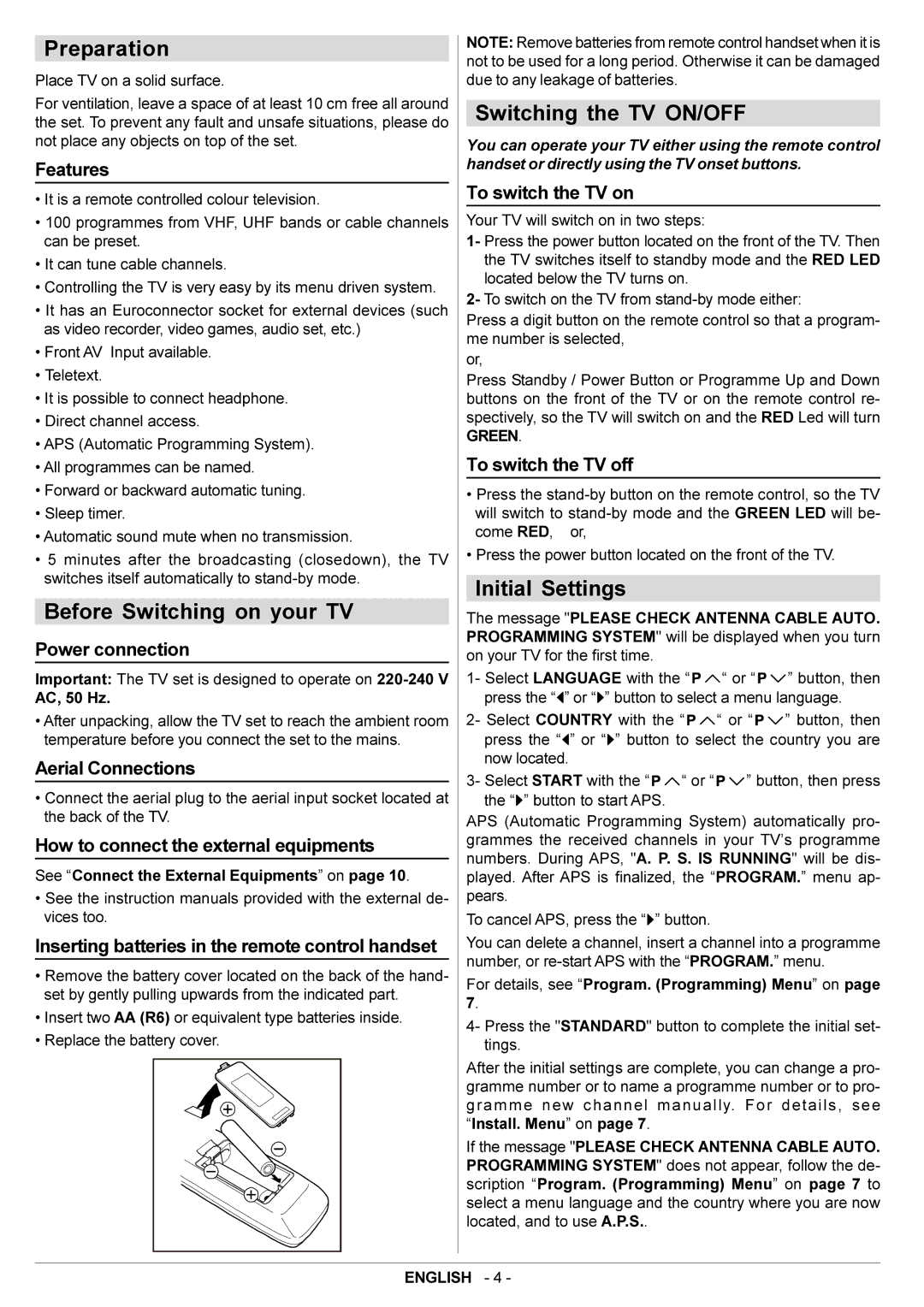 JVC AV14BJ8EPS manual Preparation, Before Switching on your TV, Switching the TV ON/OFF, Initial Settings 