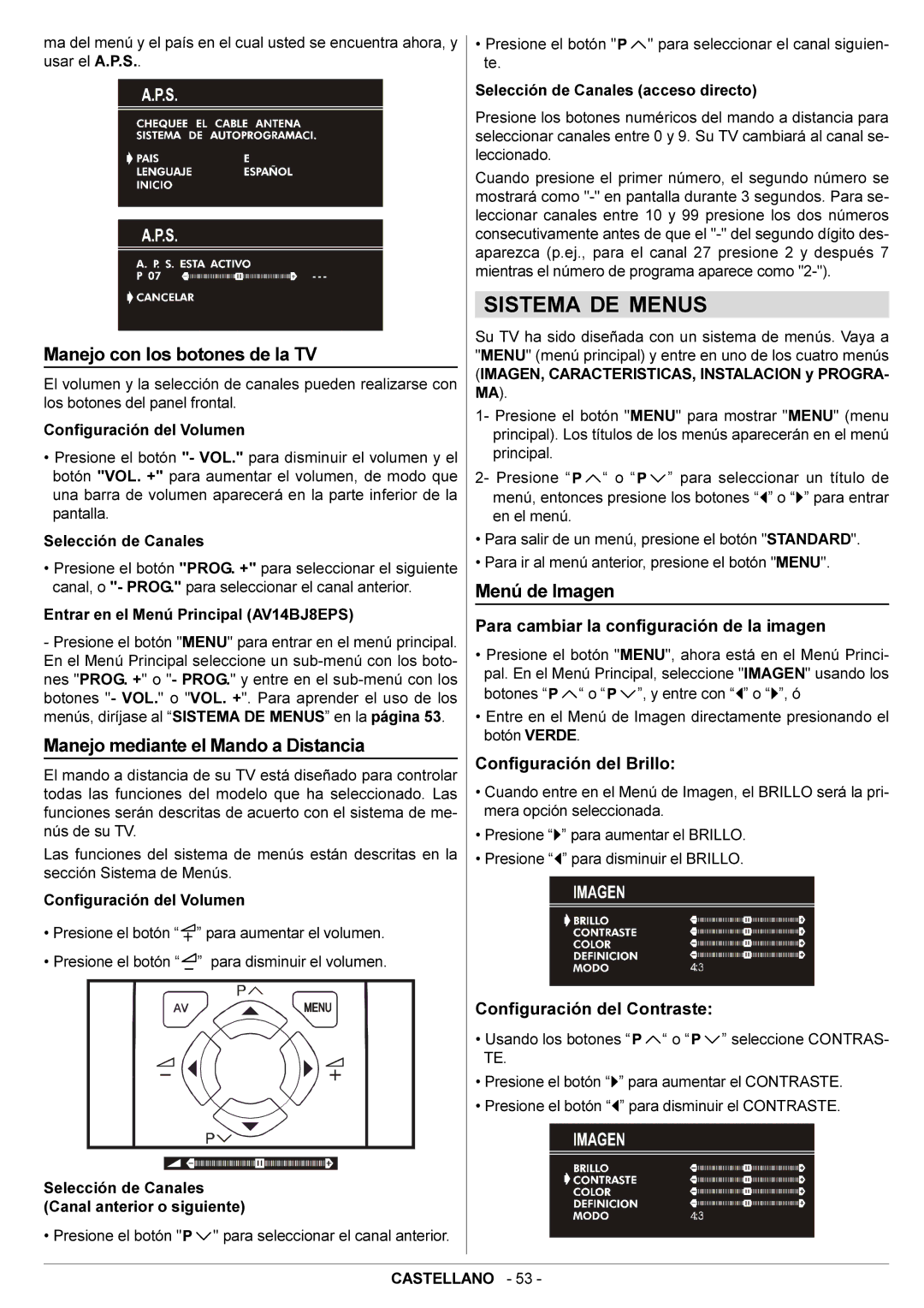 JVC AV14BJ8EPS Sistema DE Menus, Manejo con los botones de la TV, Manejo mediante el Mando a Distancia, Menú de Imagen 