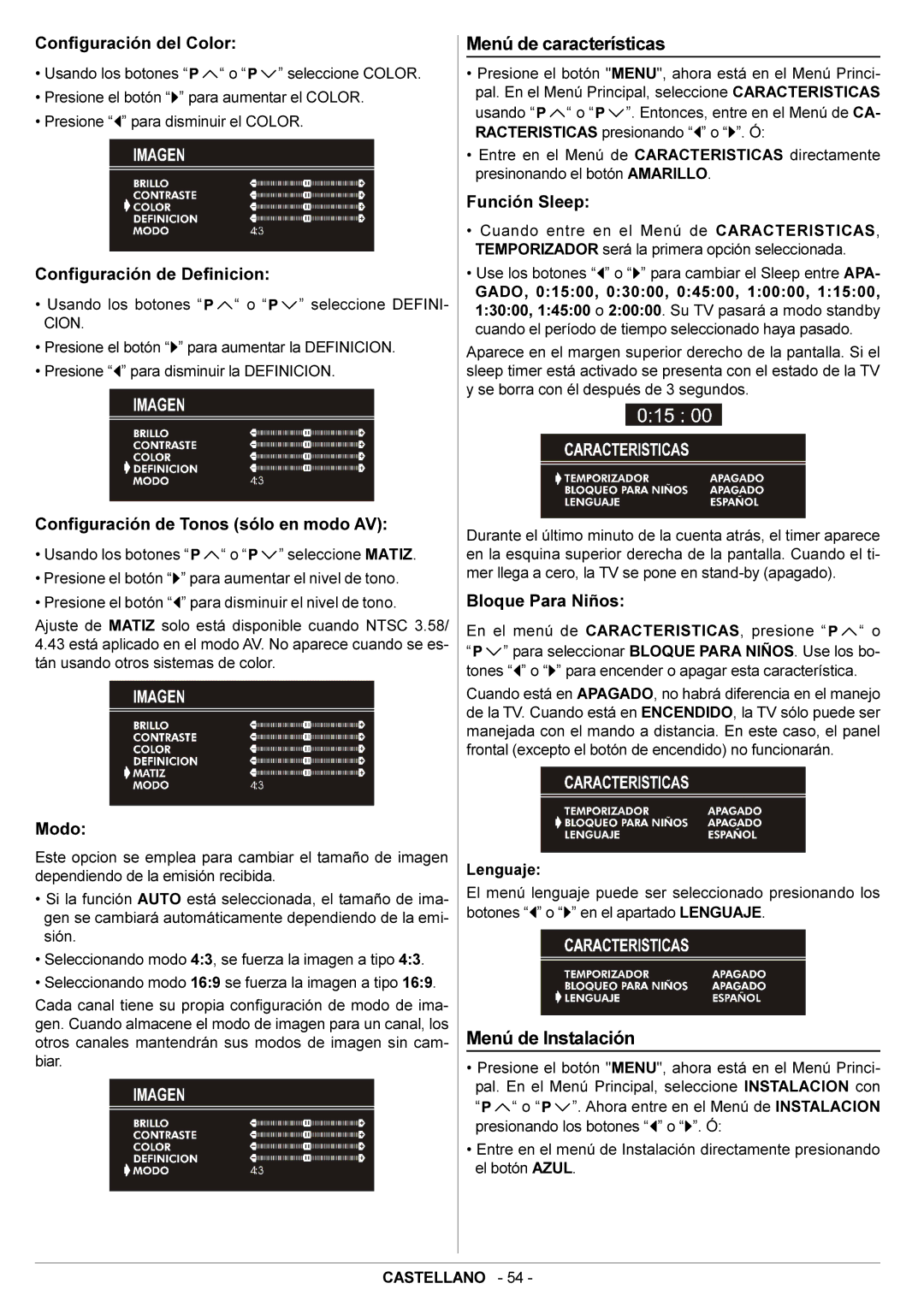 JVC AV14BJ8EPS manual Menú de características, Menú de Instalación 