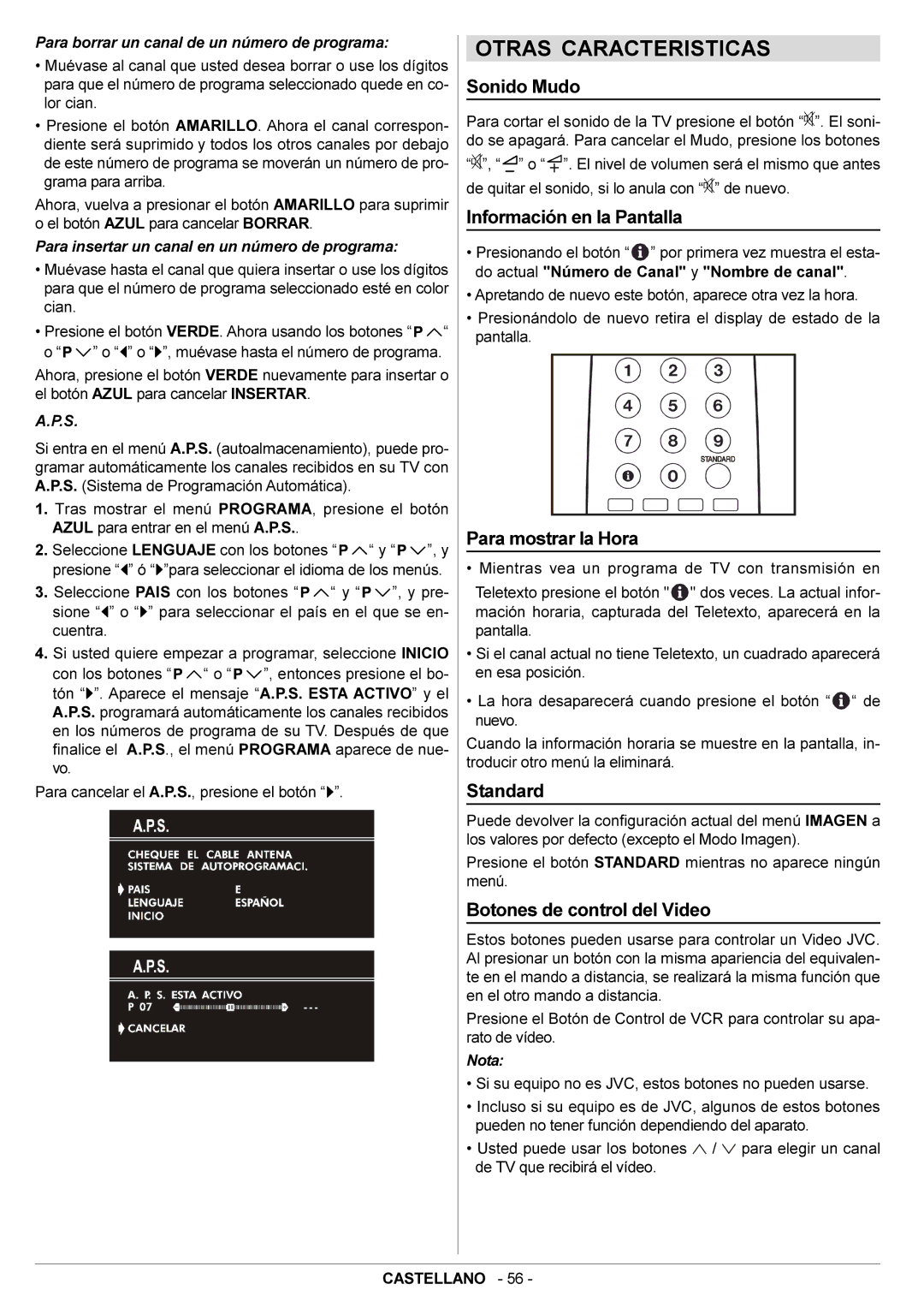 JVC AV14BJ8EPS manual Otras Caracteristicas, Sonido Mudo, Información en la Pantalla, Para mostrar la Hora 